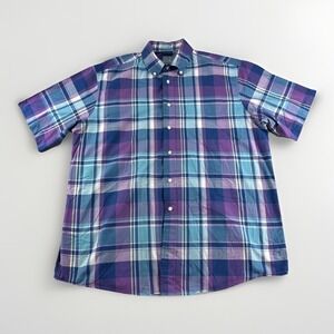 Jos A Bank Stays Cool Shirt Mens L Blue Plaid Short Sleeve Button Up Purple Top